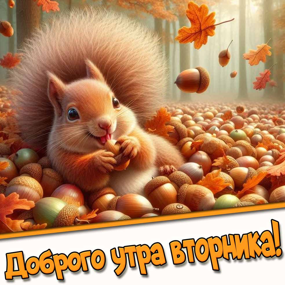 Прикольная открытка с белкой "Доброго утра вторника!"
