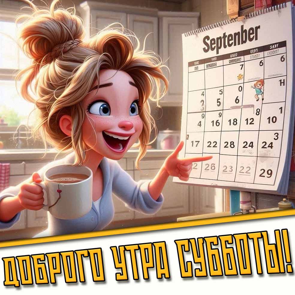 Прикольная открытка доброго утра субботы с календарём на сентябрь