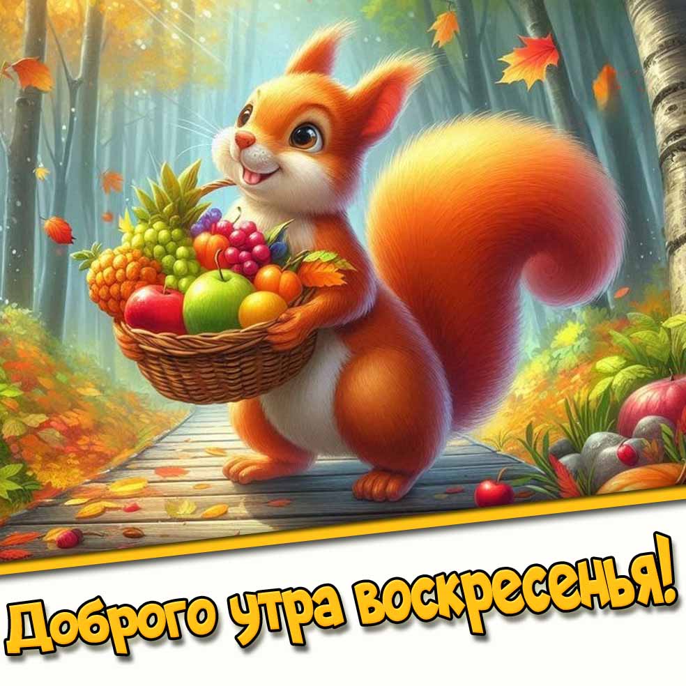Доброго утра воскресенья! - открытка с белочкой и фруктами