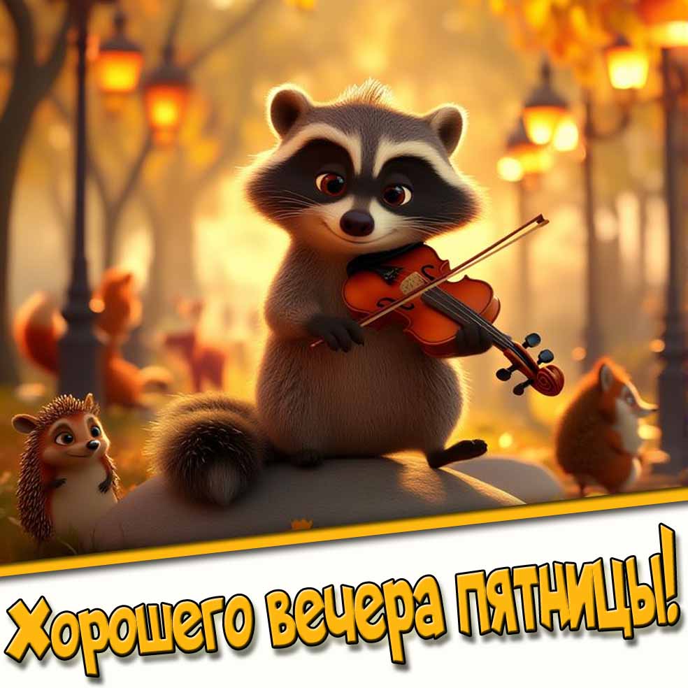 Хорошего вечера пятницы! - осенняя открытка с енотом музыкантом