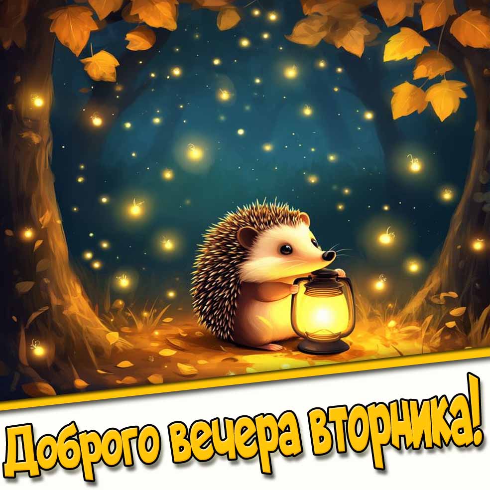 Доброго вечера вторника! - осенняя открытка с ежом