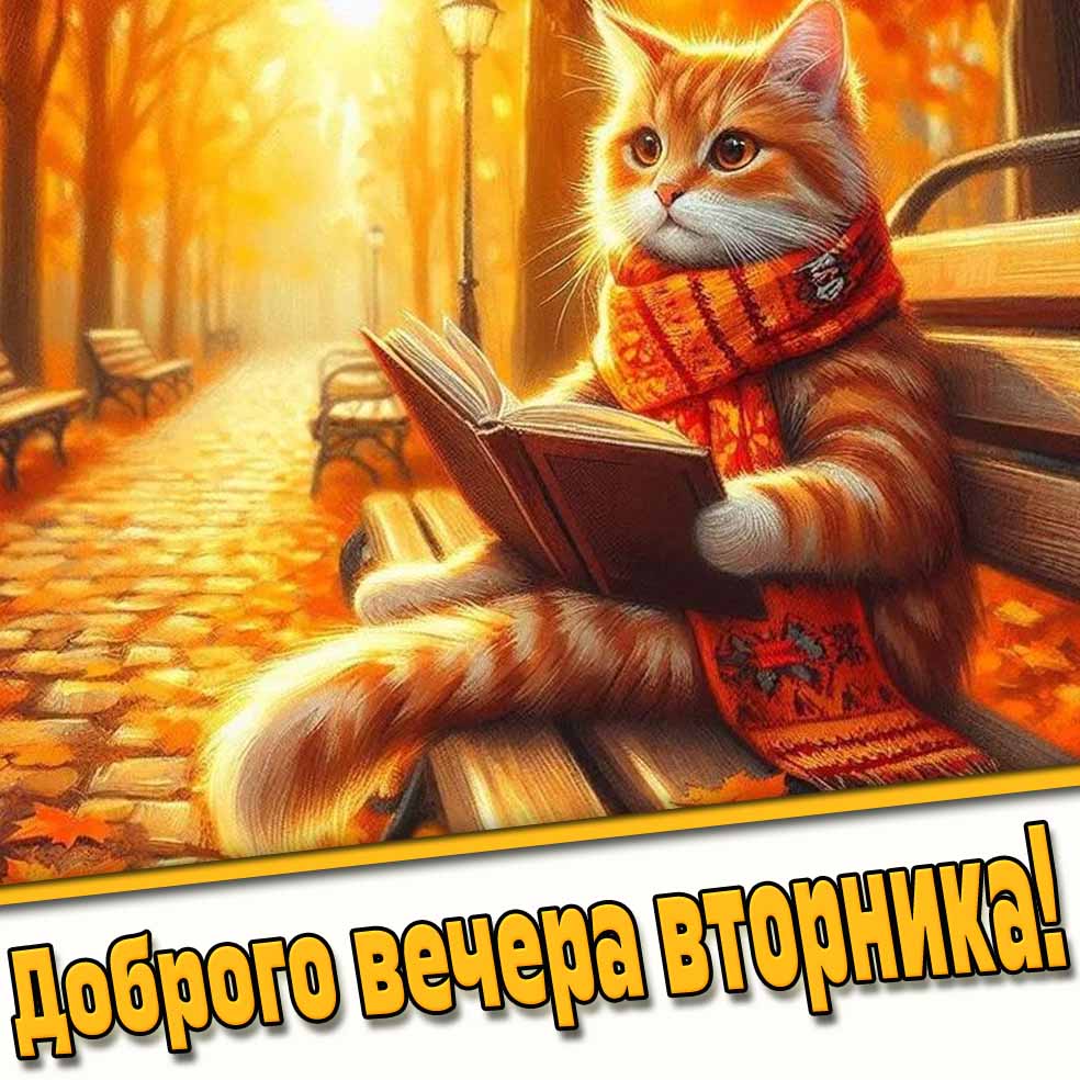 Доброго вечера вторника! - осенняя открытка с котом