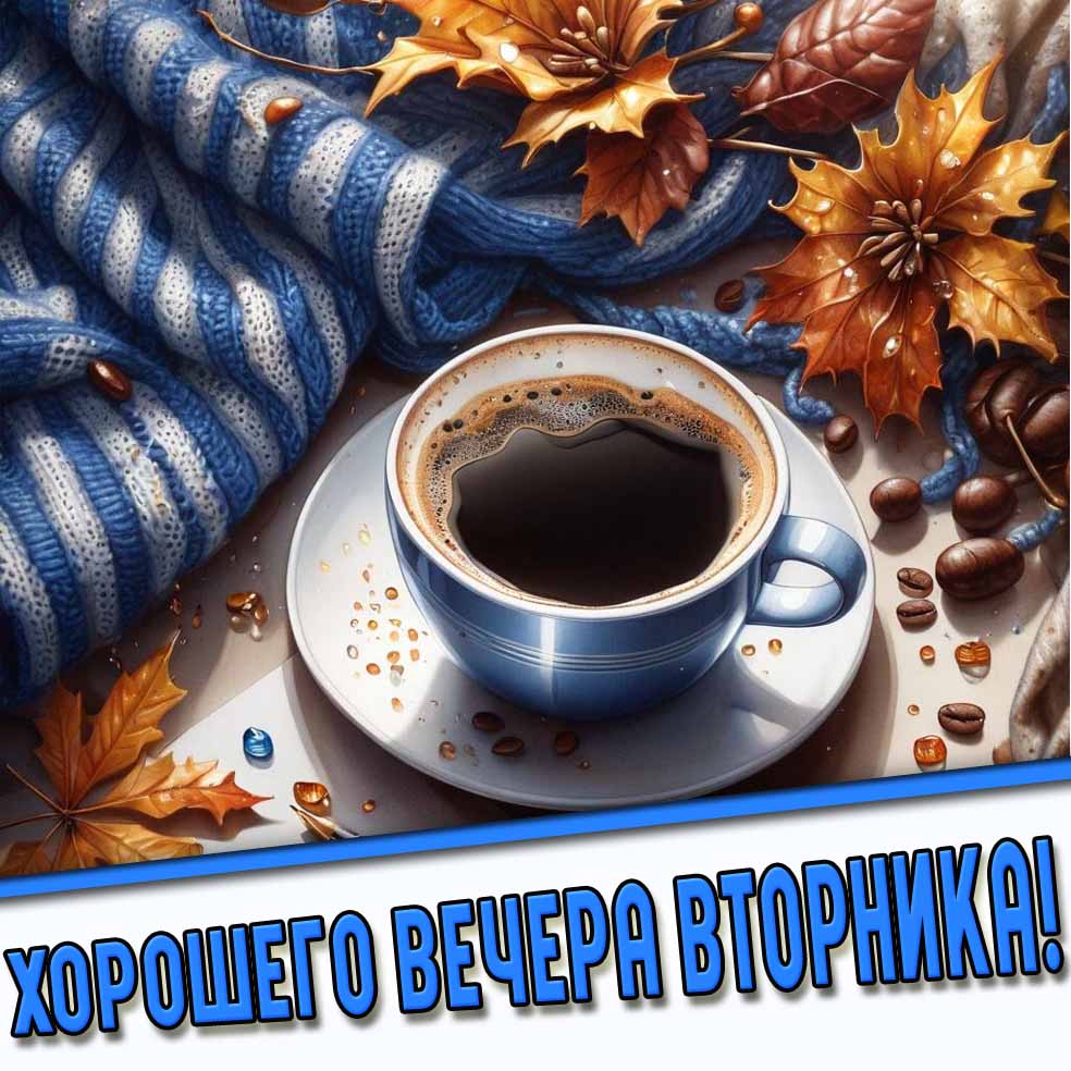 Хорошего вечера вторника! - осенняя открытка с кофе