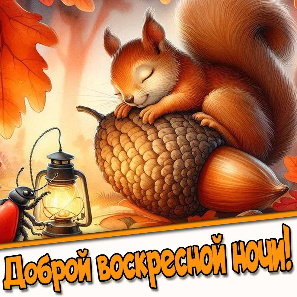 Доброй воскресной ночи! - осенняя открытка с белочкой