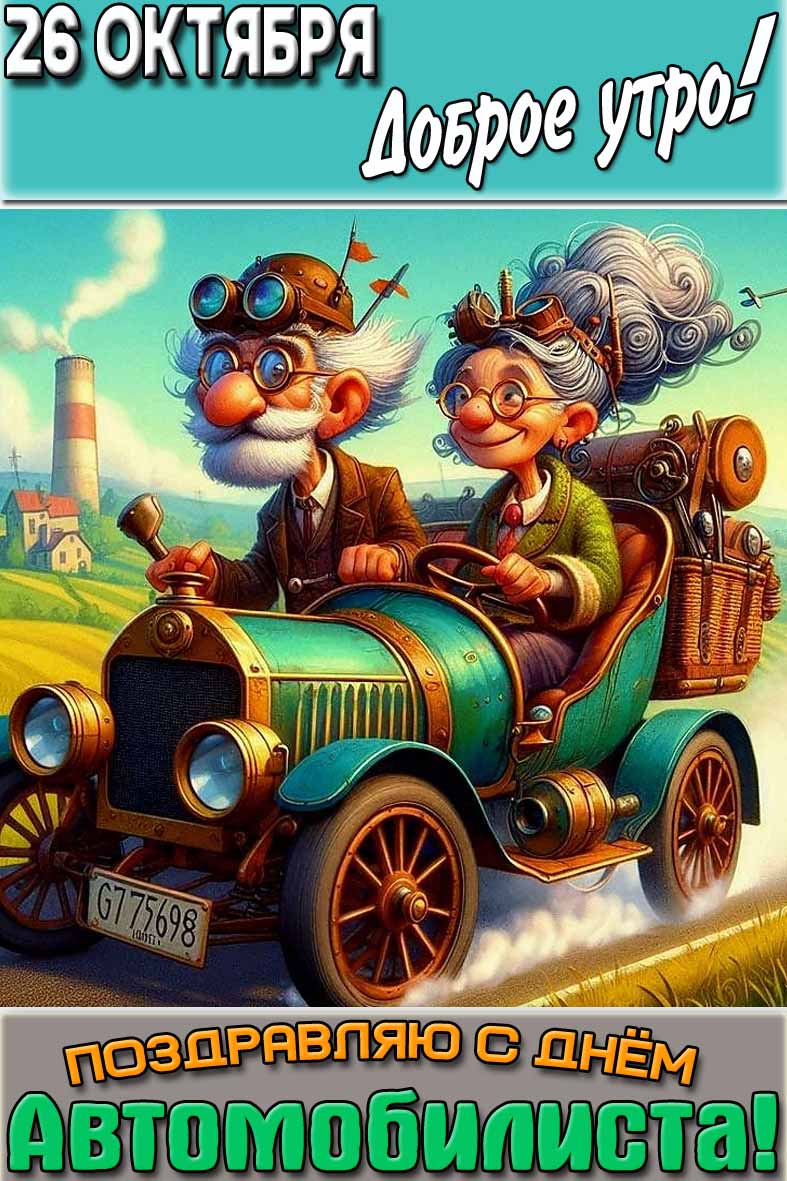 Прикольная мультяшная картинка на телефон с надписью : "26 октября доброе утро! Поздравляю с днём автомобилиста!".