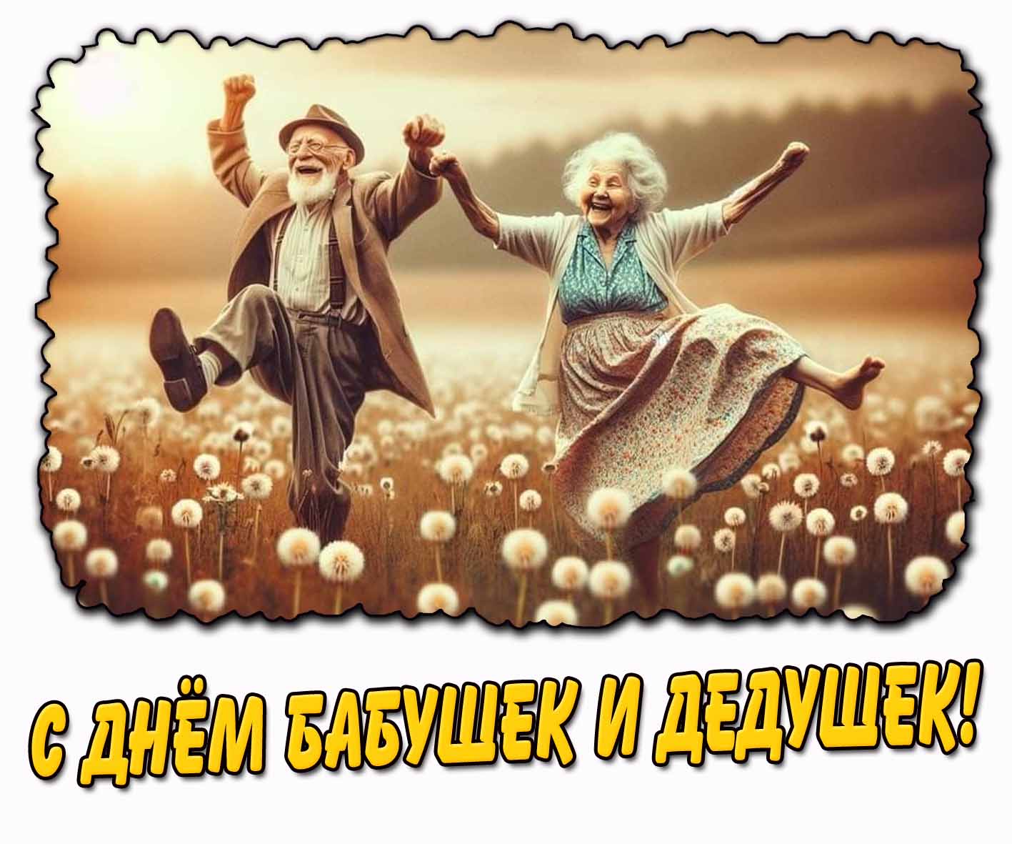 Прикольная картинка с радостными пенсионерами в одуванчиковом поле и с надписью : С днём Бабушек и Дедушек!
