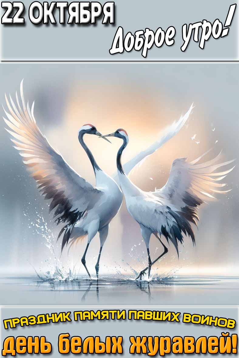 Красивая вертикальная открытка на телефон с надписью : "22 октября доброе утро! Праздник памяти павших воинов день белых журавлей!". Открытка "22 октября доброе утро! Праздник памяти павших воинов день белых журавлей!"