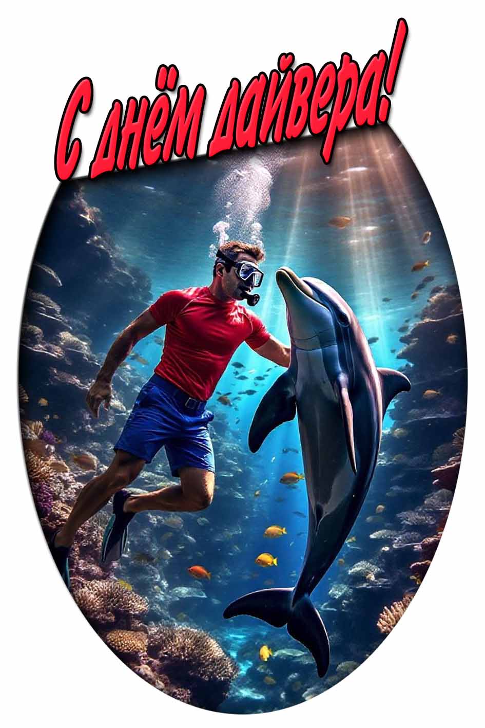 С днём дайвера! - открытка с мужчиной и дельфином