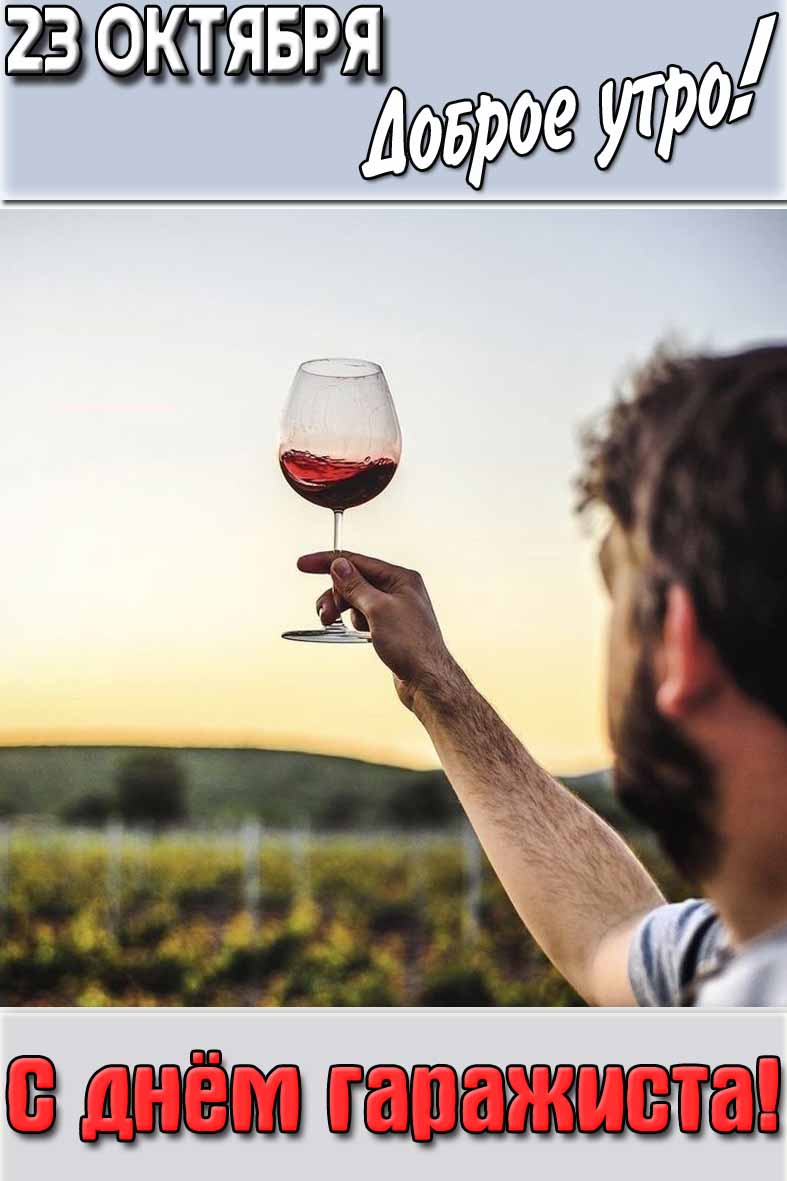 Вертикальная картинка с мужчиной с бокалом вина и надписью : "23 октября доброе утро! С днём гаражиста!".