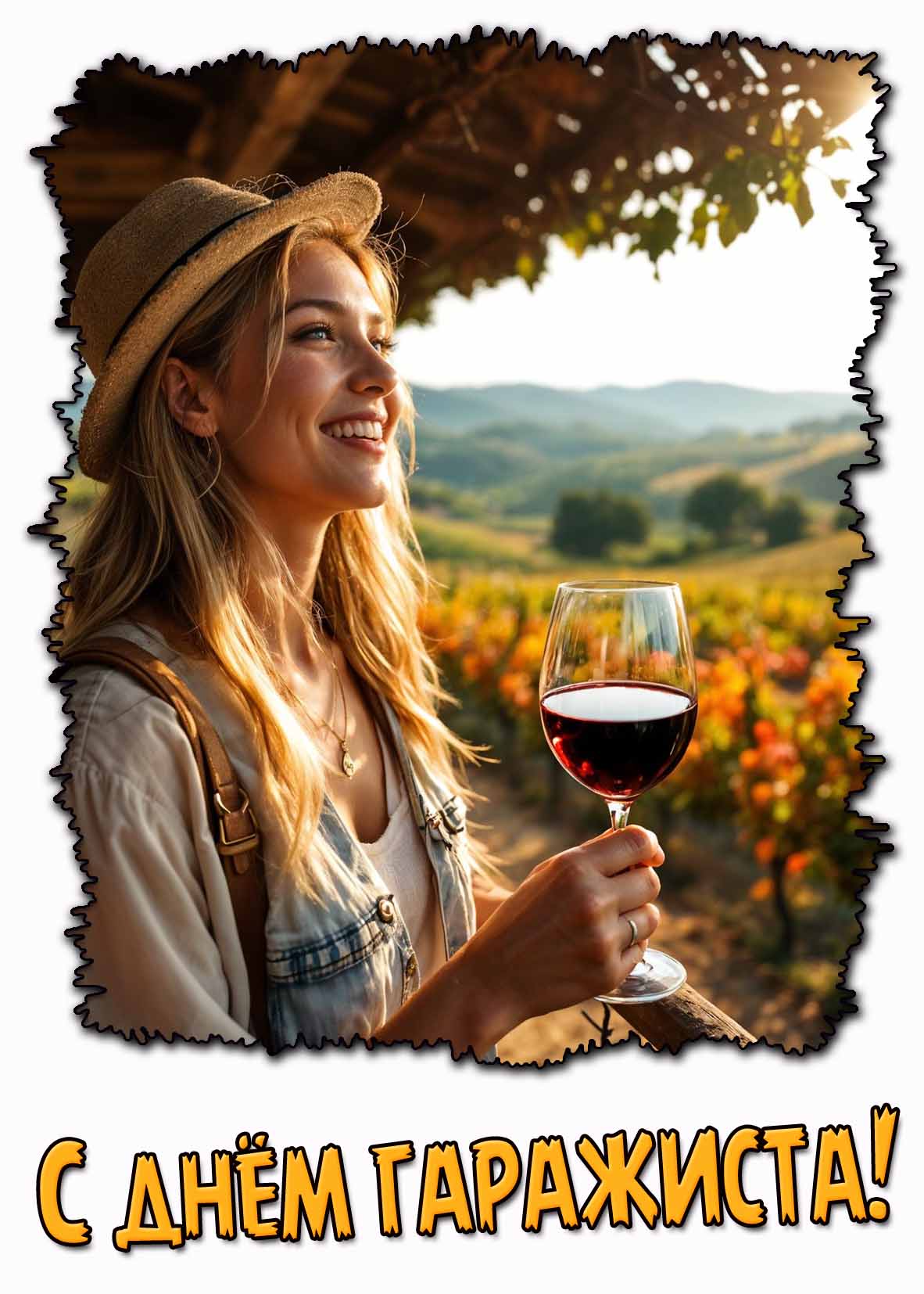 Солнечная открытка с красивой девушкой с бокалом вина для поздравления с днём гаражиста!
