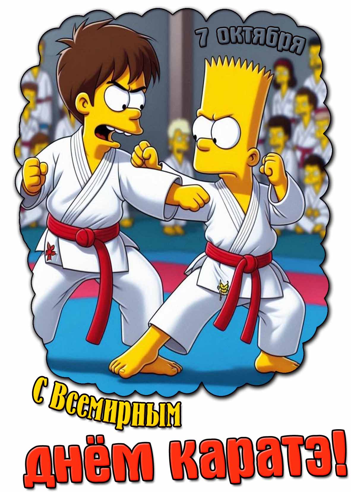 Прикольная картинка из мультфильма "Симпсоны" для поздравления на праздник 7 октября : С Всемирным днём каратэ!