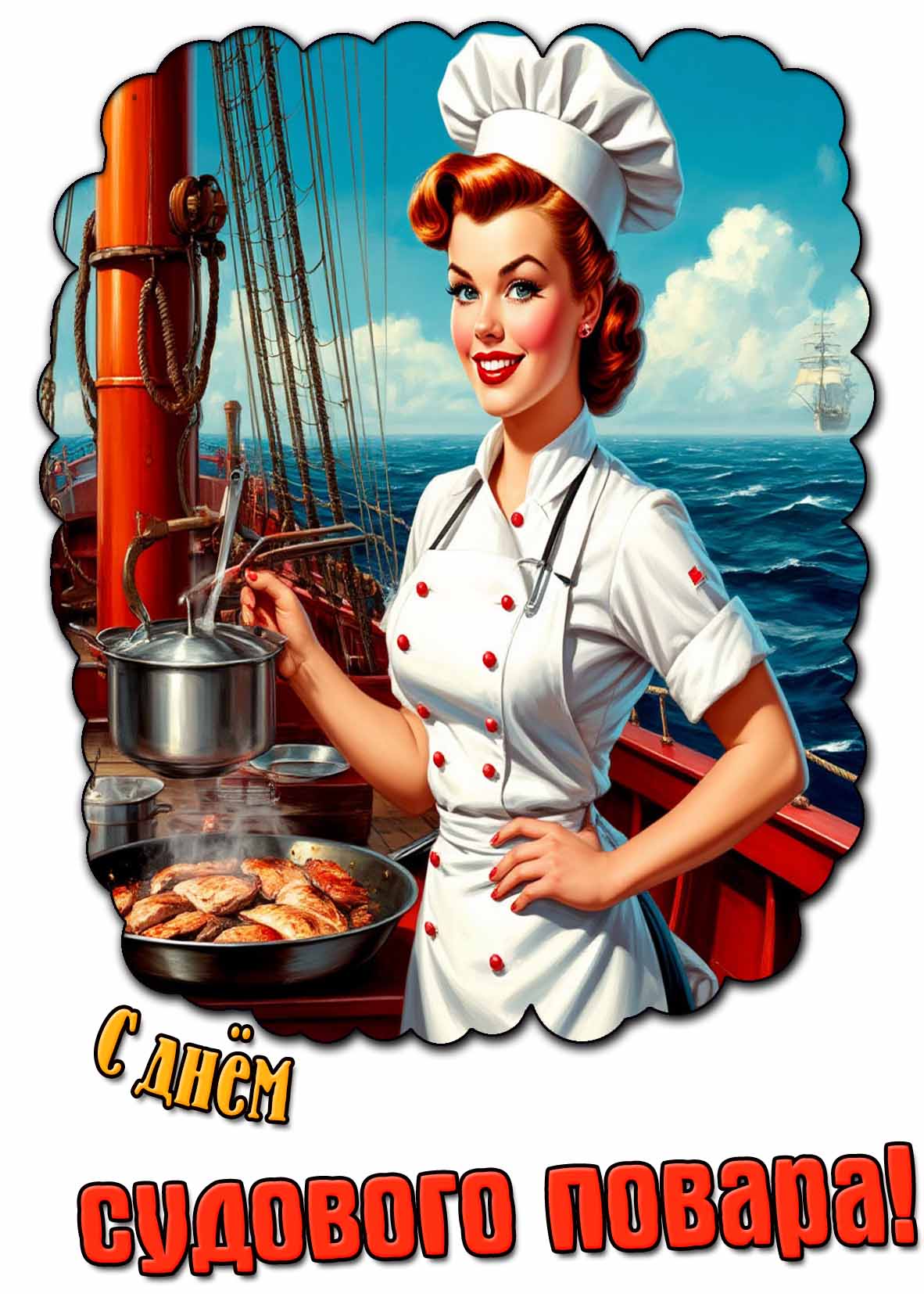 Открытка с красивой девушкой на корабле в пин ап стиле для поздравления : С днём судового повара!