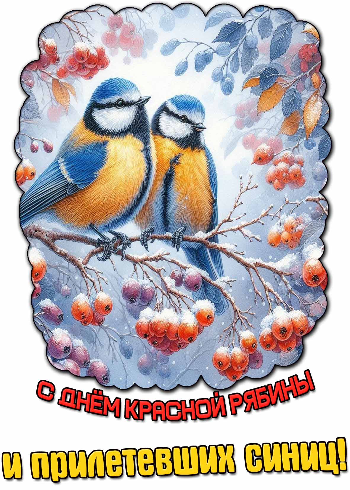Открытка с днём красной рябины и прилетевших синиц