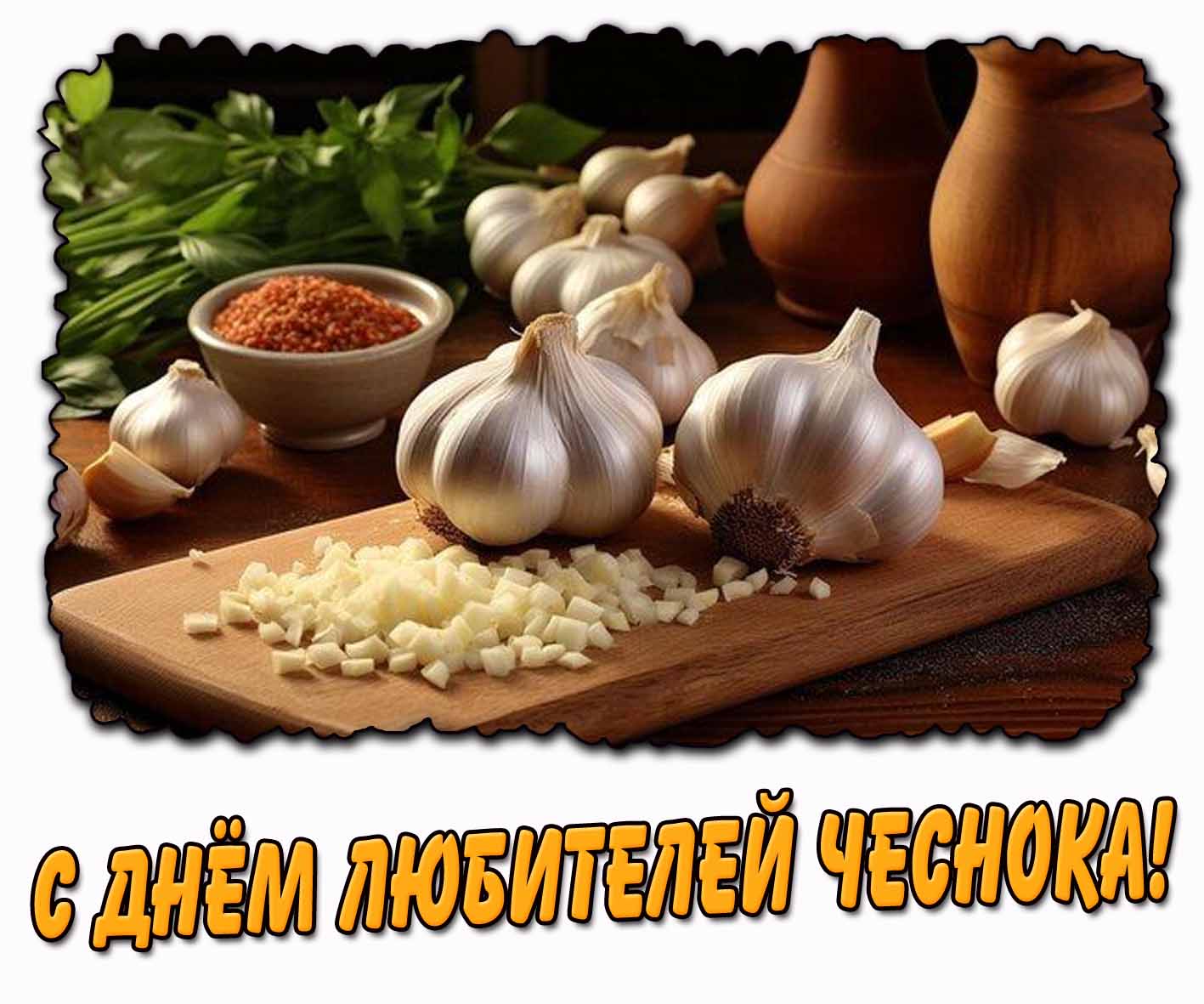 Красивая картинка с надписью для поздравления с днём любителей чеснока!
