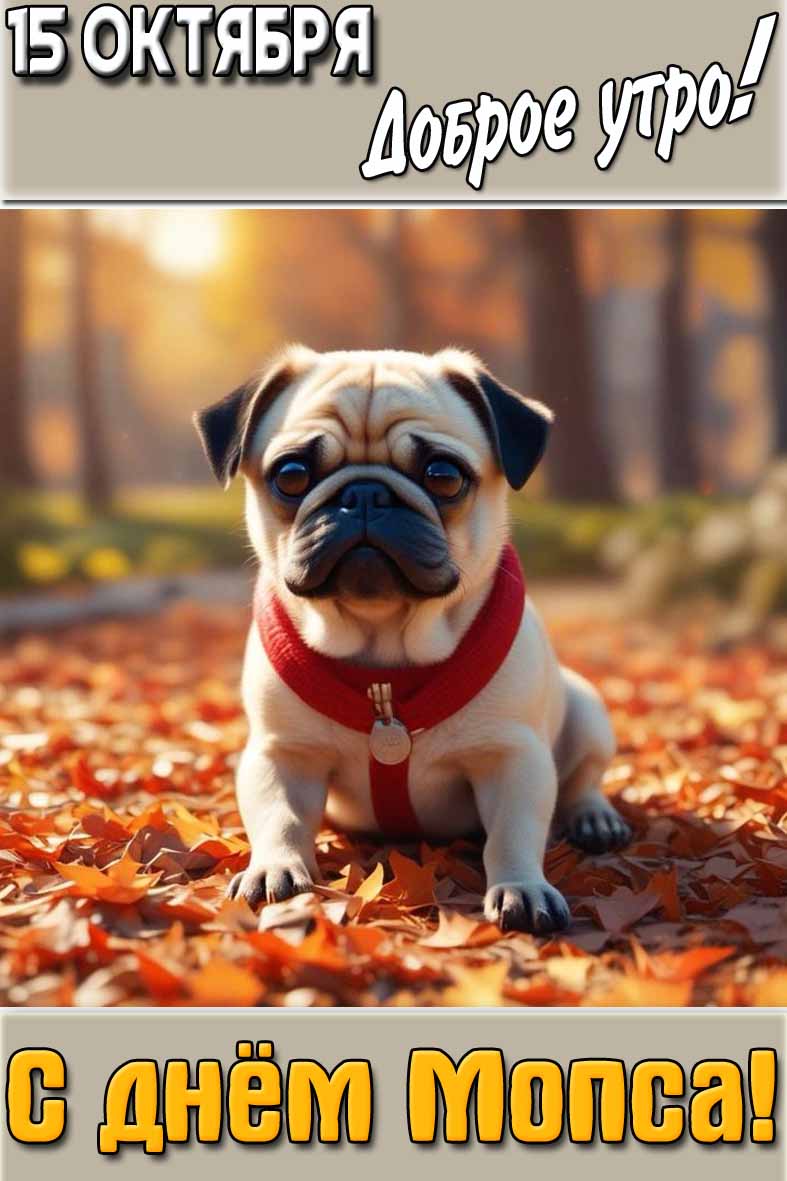 Открытка "15 октября доброе утро! С днём мопса!"