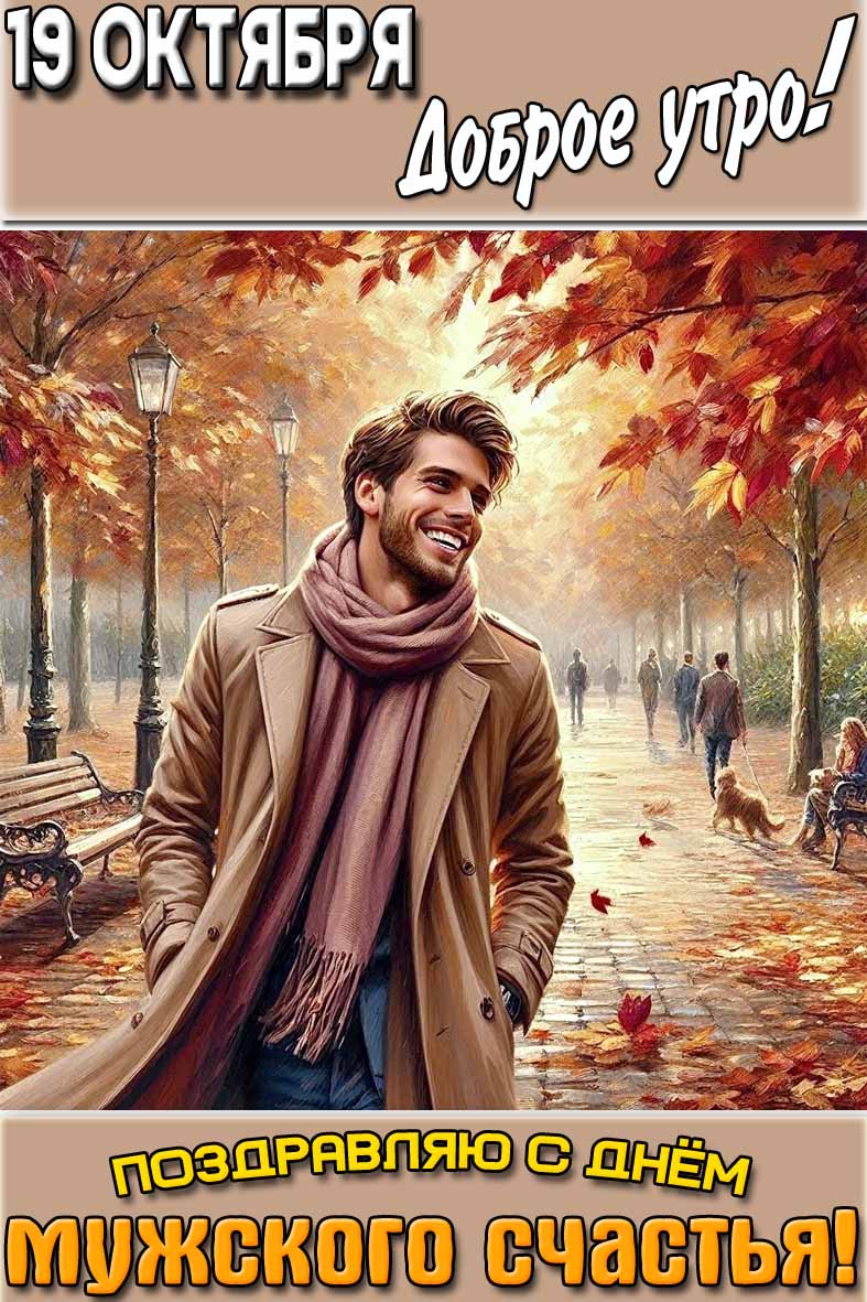 Открытка "19 октября доброе утро! Поздравляю с днём мужского счастья!"