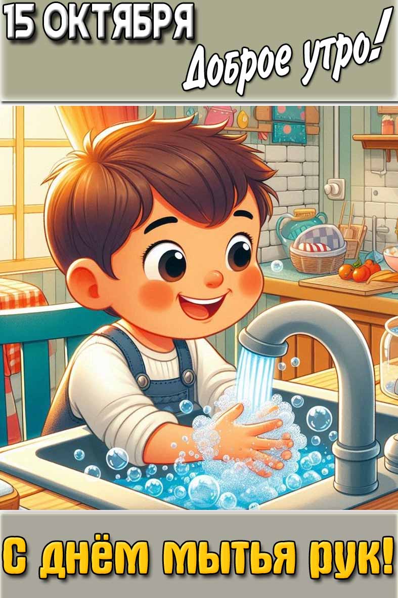 Позитивная детская открытка с надписью : "15 октября доброе утро! С днём мытья рук!".