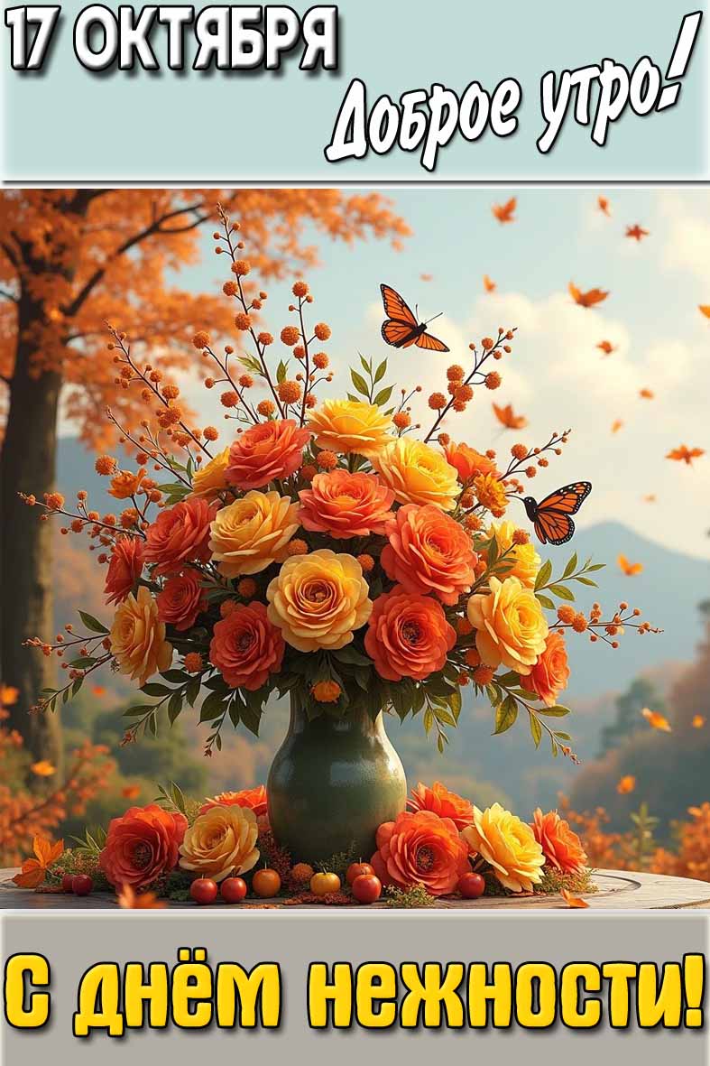 Красивая вертикальная осенняя картинка с букетом цветов и надписью : "17 октября доброе утро! С днём нежности!".