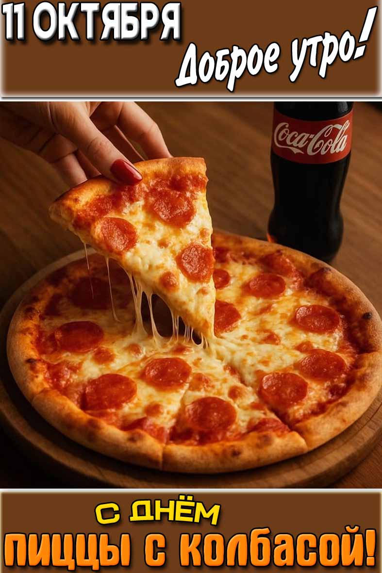 Открытка "11 октября доброе утро! С днём пиццы с колбасой!"
