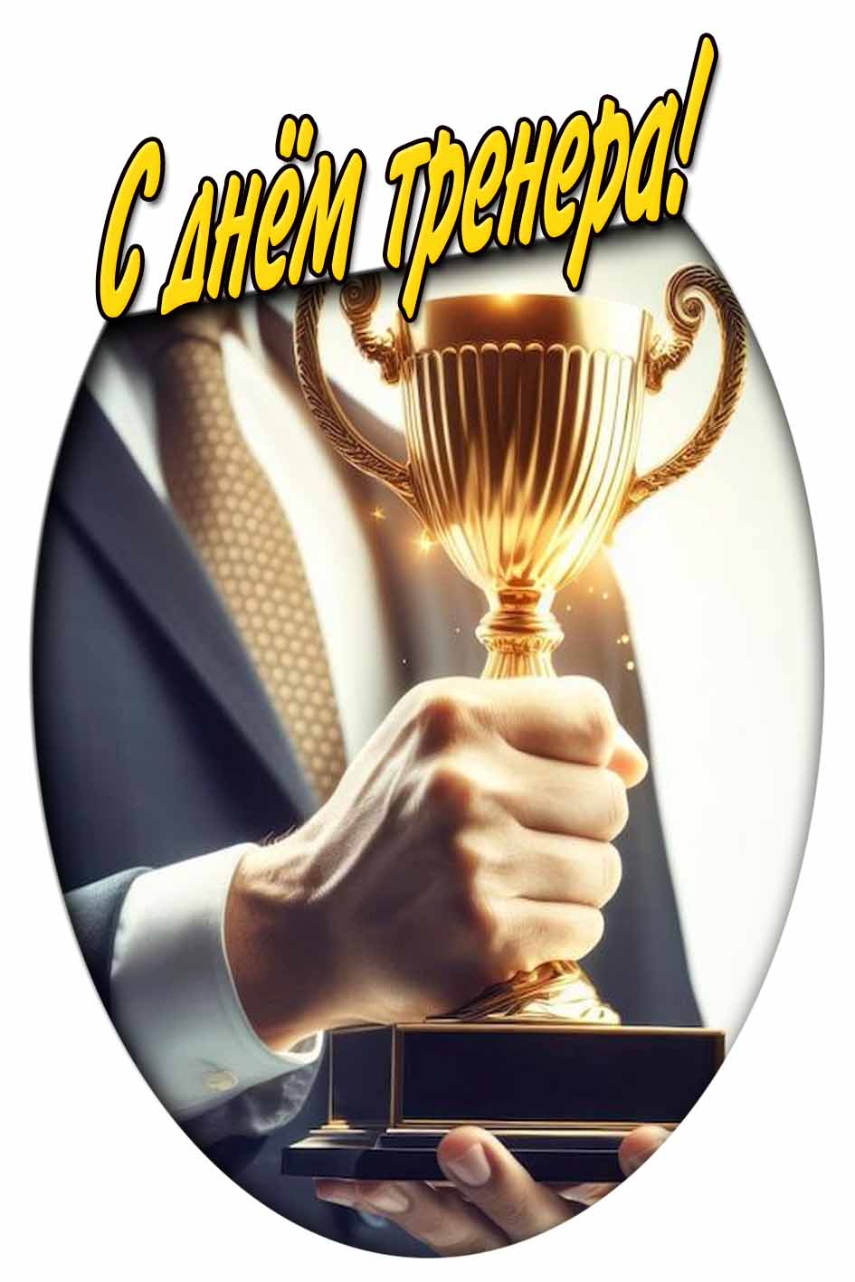 Красивая открытка с золотым кубком в руке для поздравления : С днём тренера!