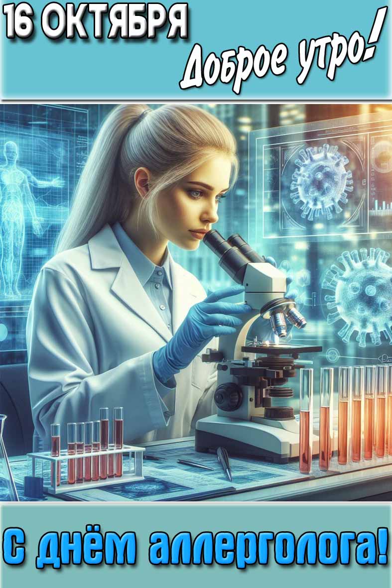Красивая вертикальная картинка для врача женщины (девушки) с надписью : "16 октября доброе утро! С днём аллерголога!".