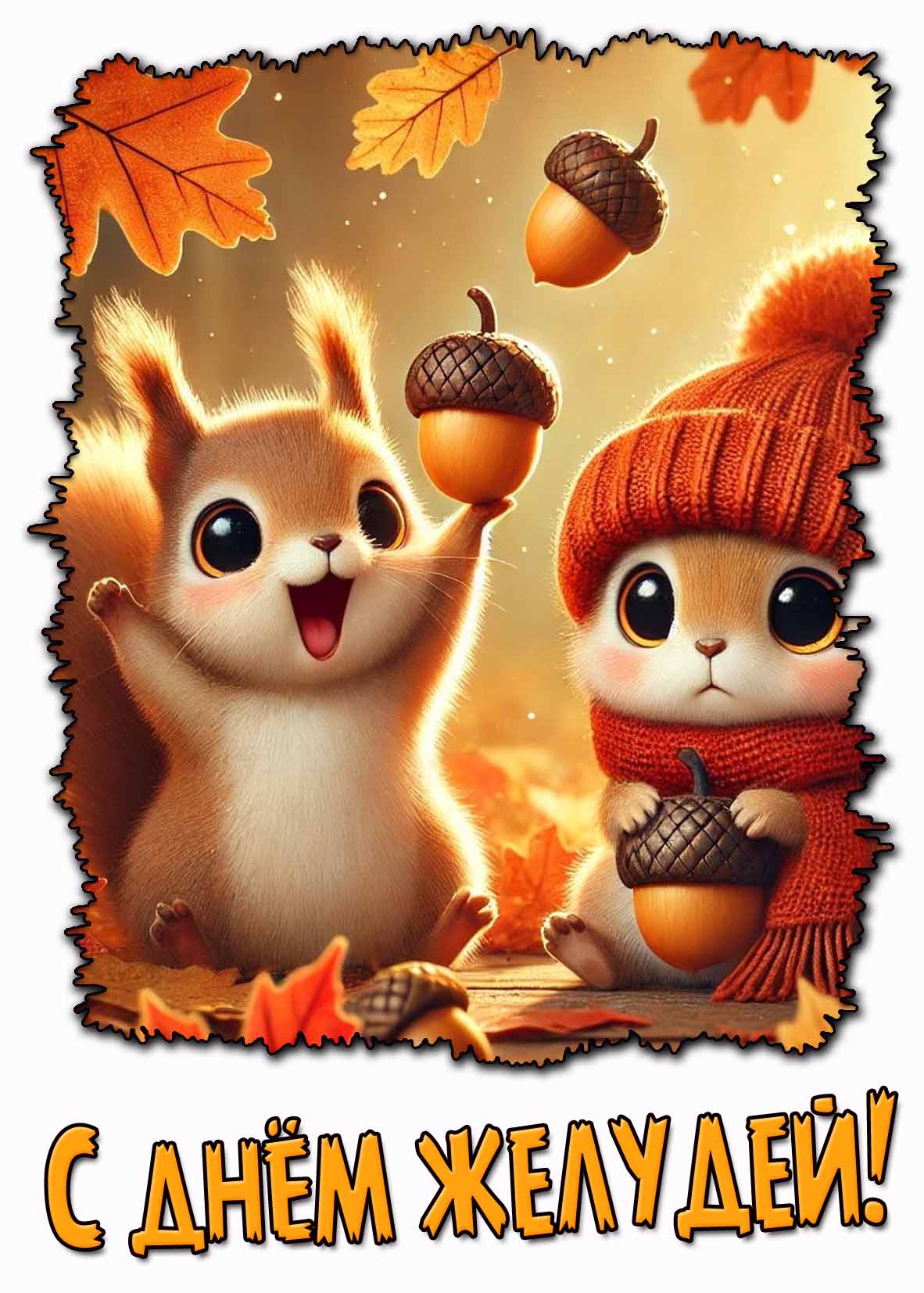 Прикольная мультяшная открытка с белочками для поздравления с днём желудей!