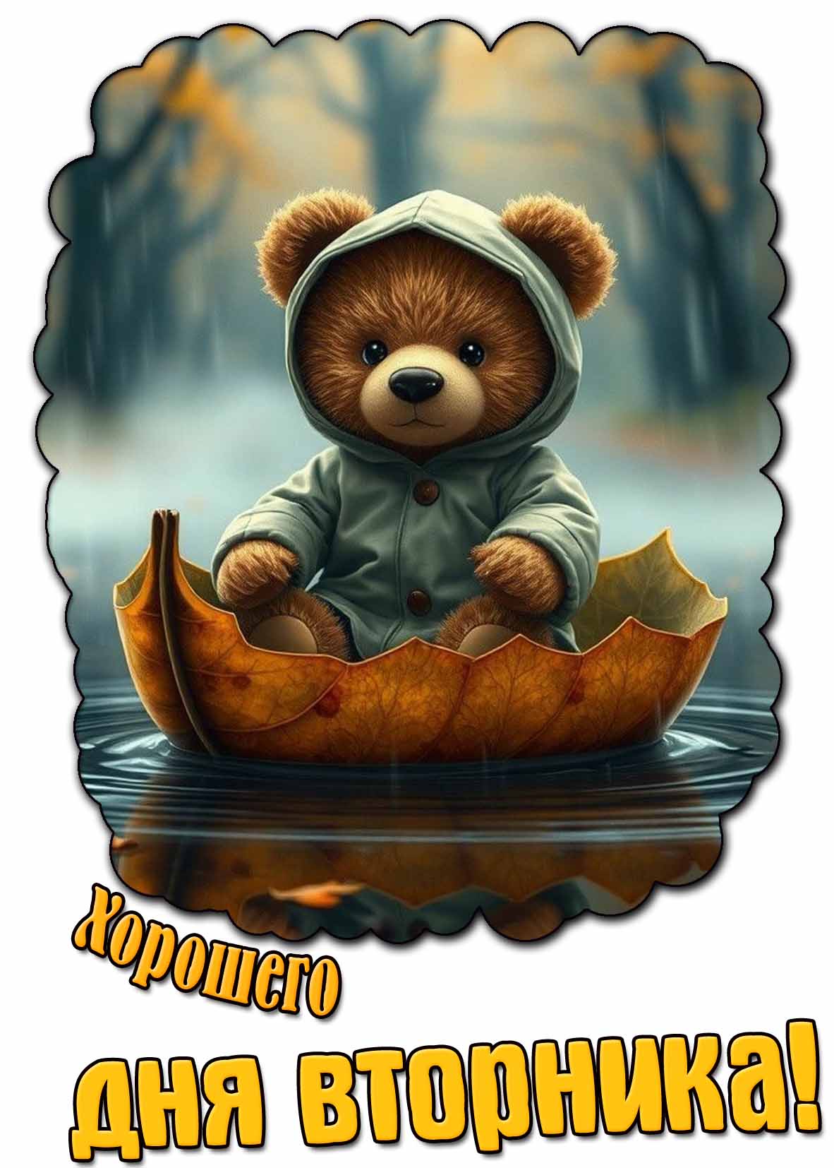 Хорошего дня вторника! - осенняя открытка с дождём
