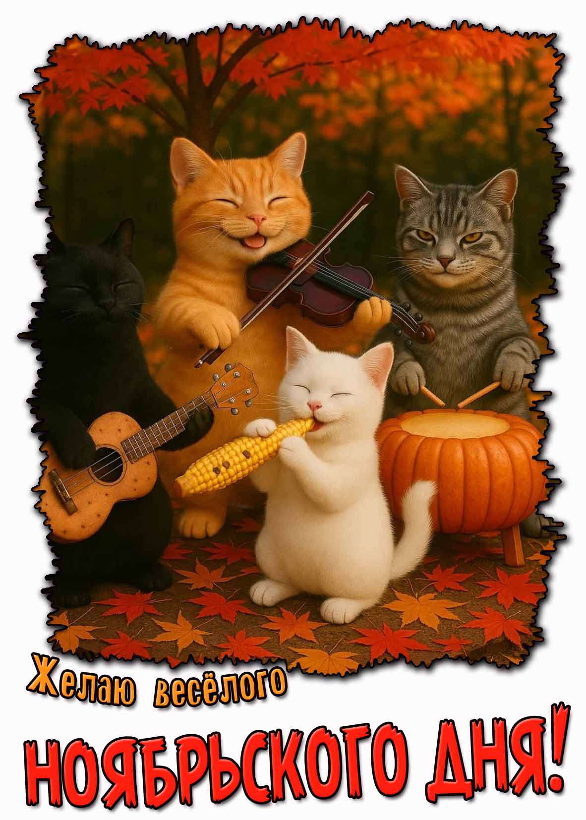 Желаю весёлого ноябрьского дня! - прикольная открытка с котами