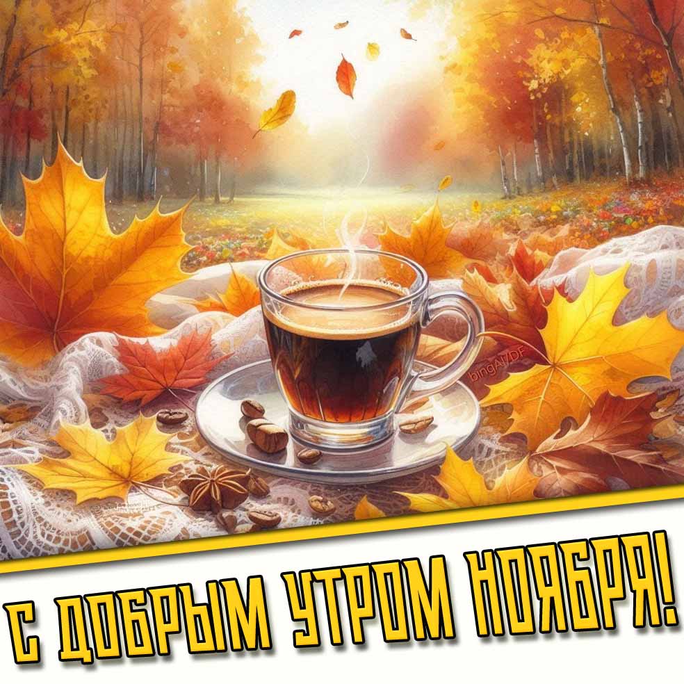 С добрым утром ноября! - осенняя открытка с кофе