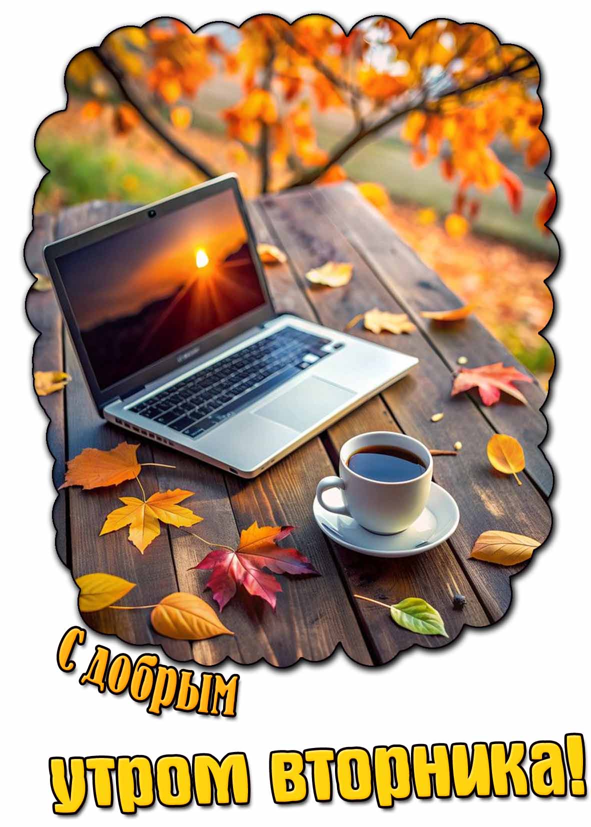 С добрым утром вторника! - осенняя открытка для тех, кто уже на работе