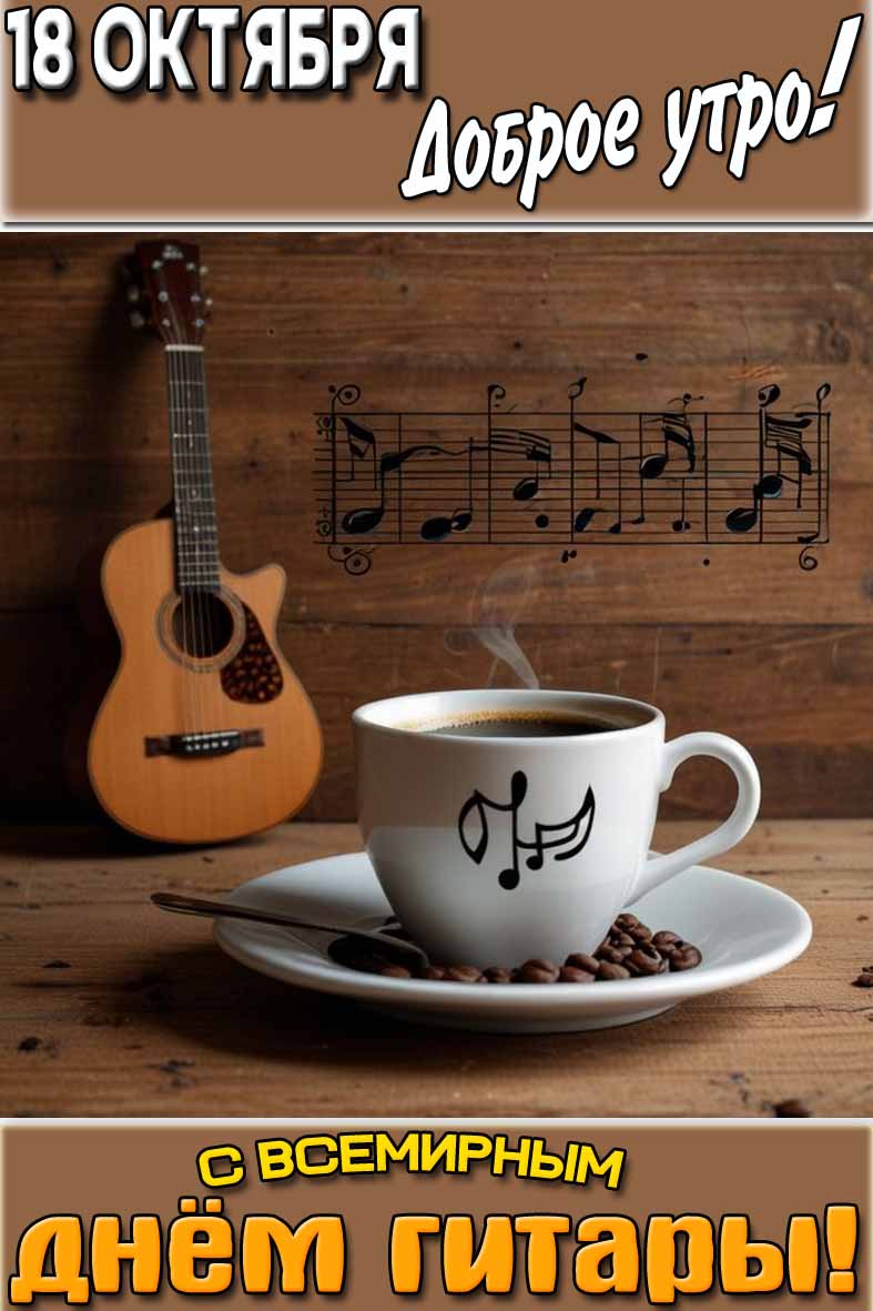 Красивая вертикальная картинка с чашкой кофе, музыкальными нотами и надписью : "18 октября доброе утро! С Всемирным днём гитары!". Картинка "18 октября доброе утро! С Всемирным днём гитары!"