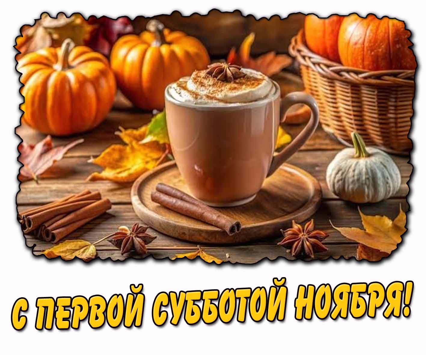 С первой субботой ноября! - картинка с кофе и тыквами