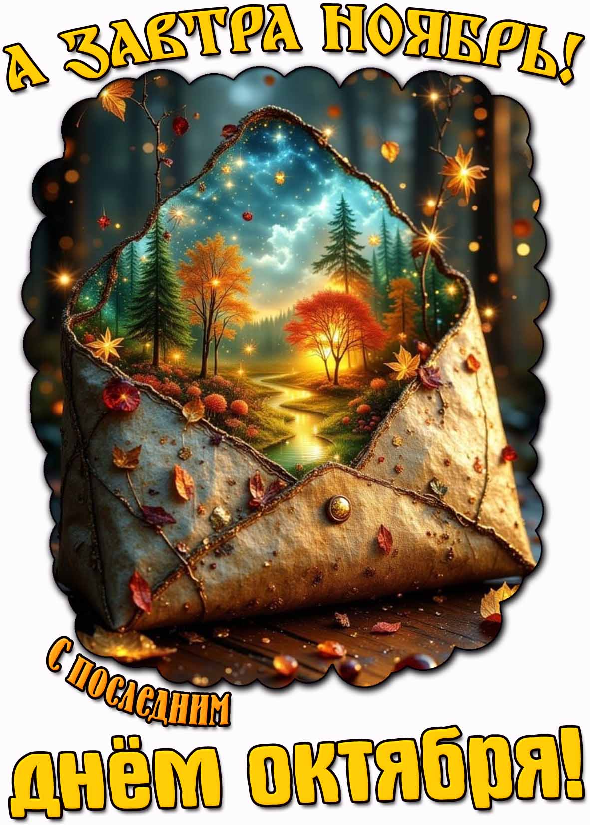 Открытка "А завтра ноябрь! С последним днём октября!"