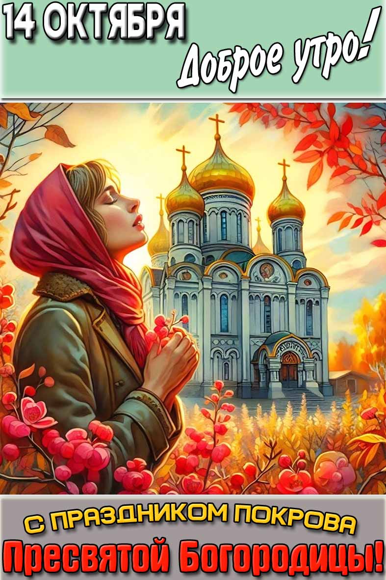 Открытка "14 октября доброе утро! С праздником Покрова Пресвятой Богородицы!"