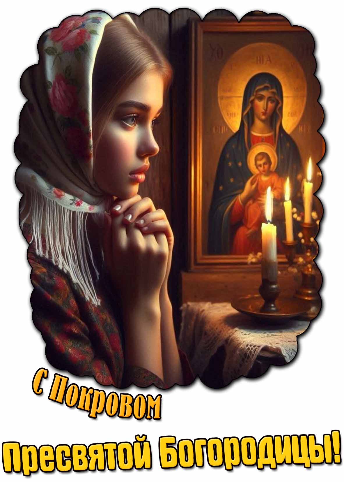 С Покровом Пресвятой Богородицы! - открытка с иконой и свечами