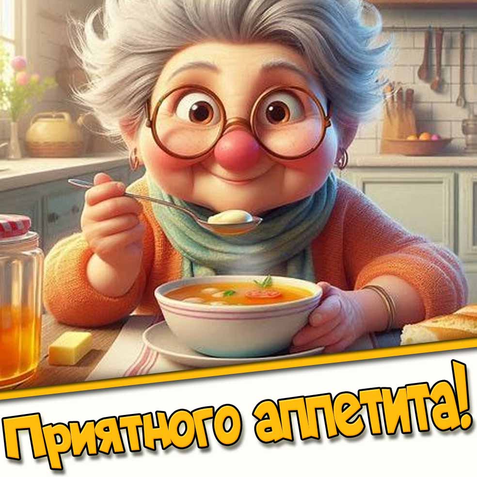 Приятного аппетита! - открытка с бабулей с супом