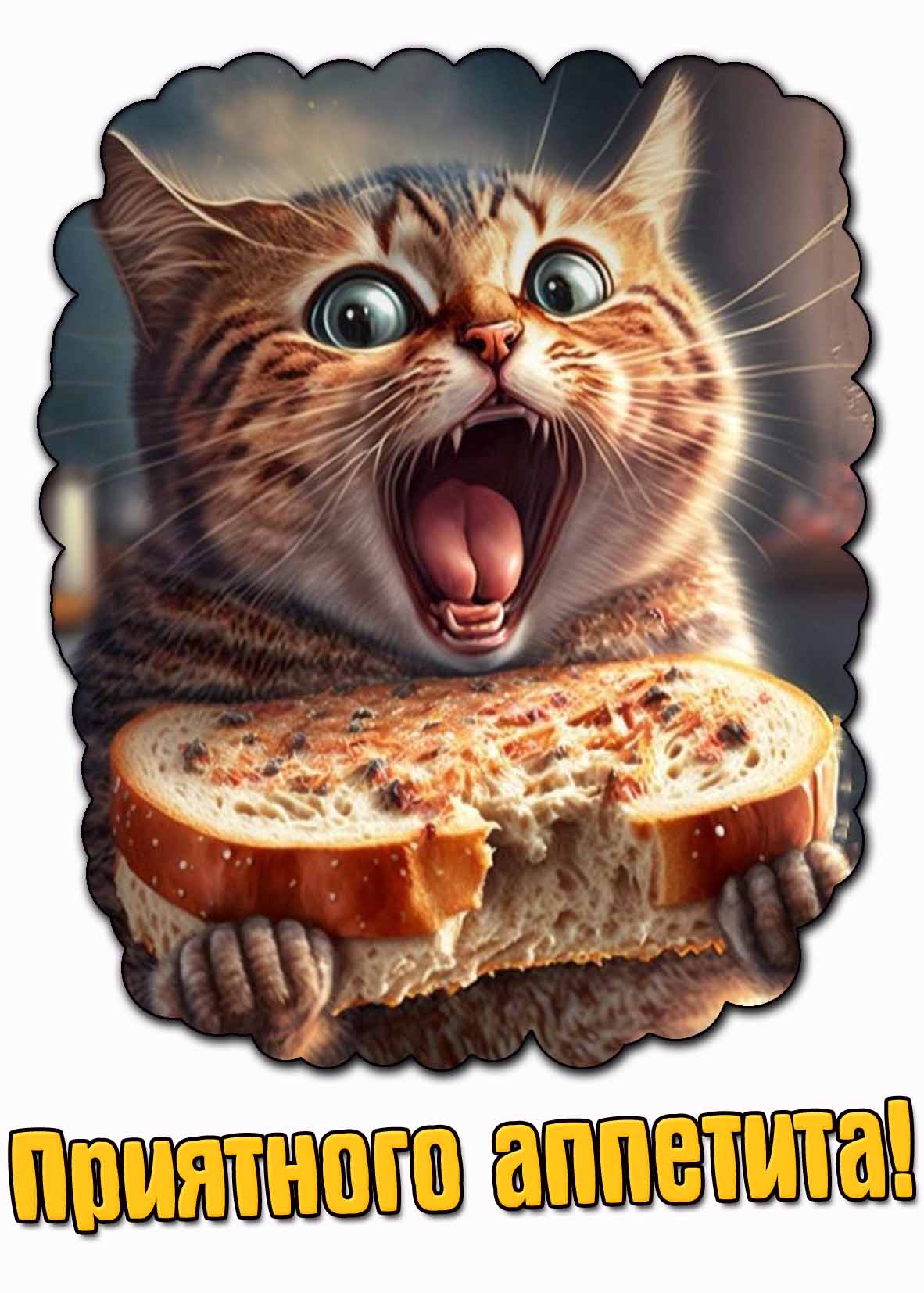 Прикольная открытка "Приятного аппетита!" с котом