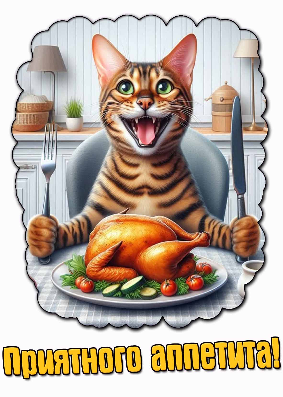 Приятного аппетита! - прикольная открытка с котом