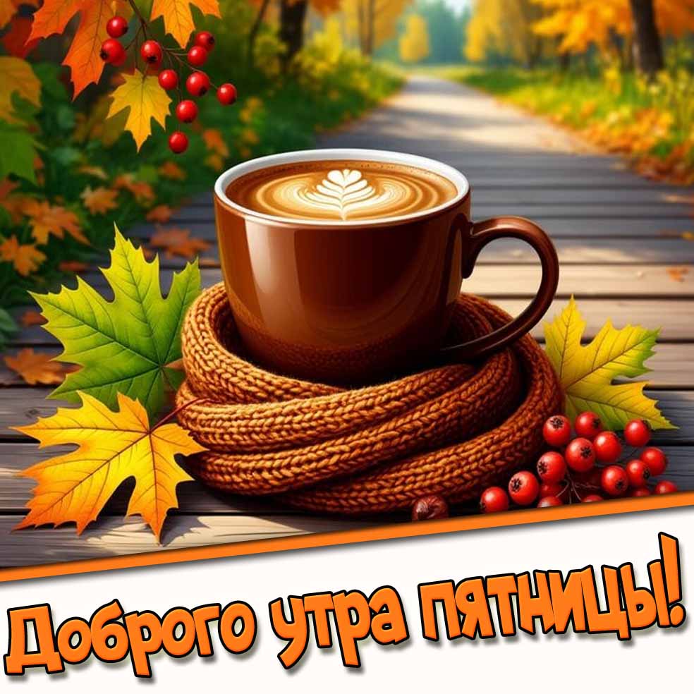Картинка доброго утра пятницы с чашкой кофе в осенних листья