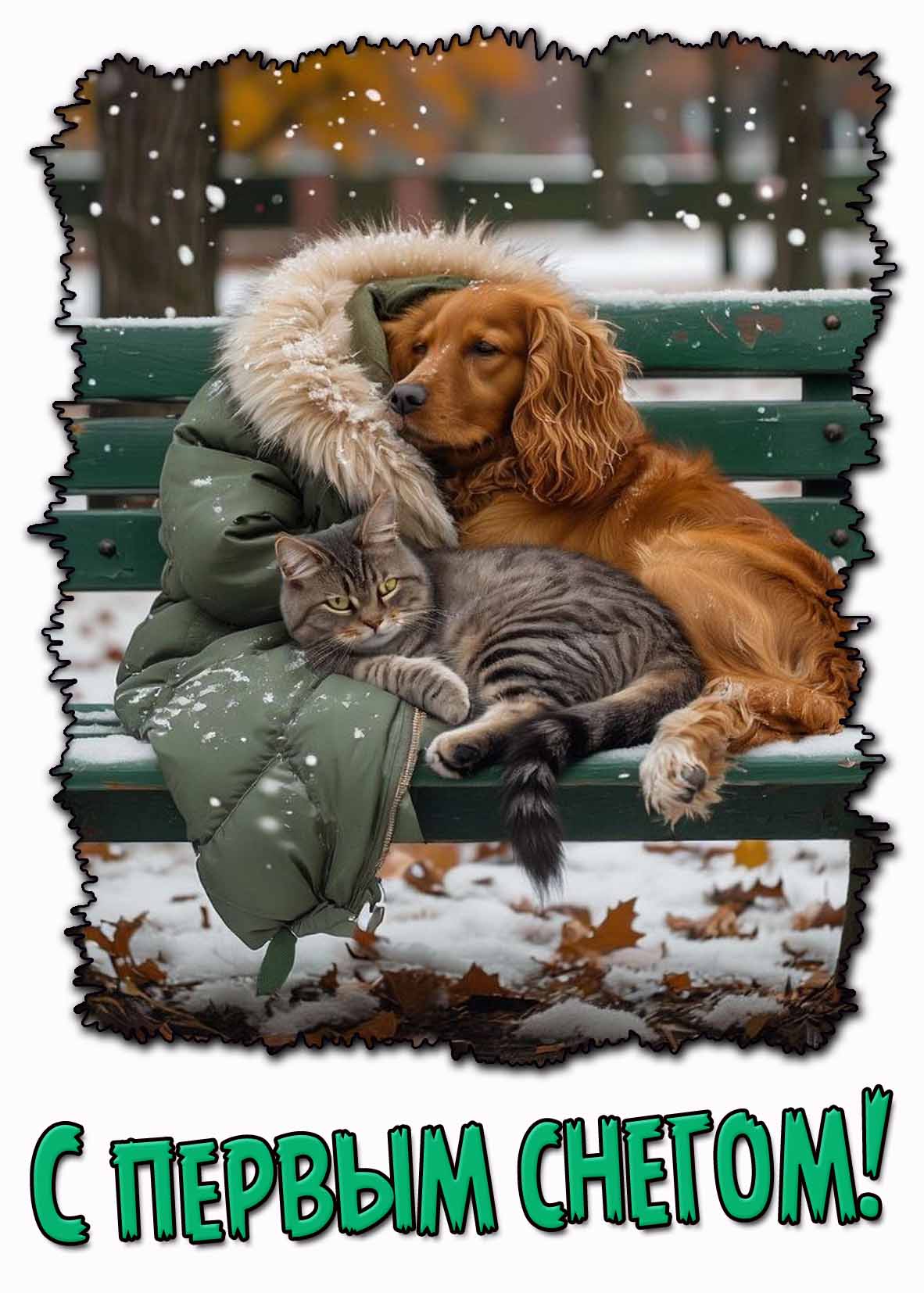 С первым снегом! - открытка с кошкой и собакой