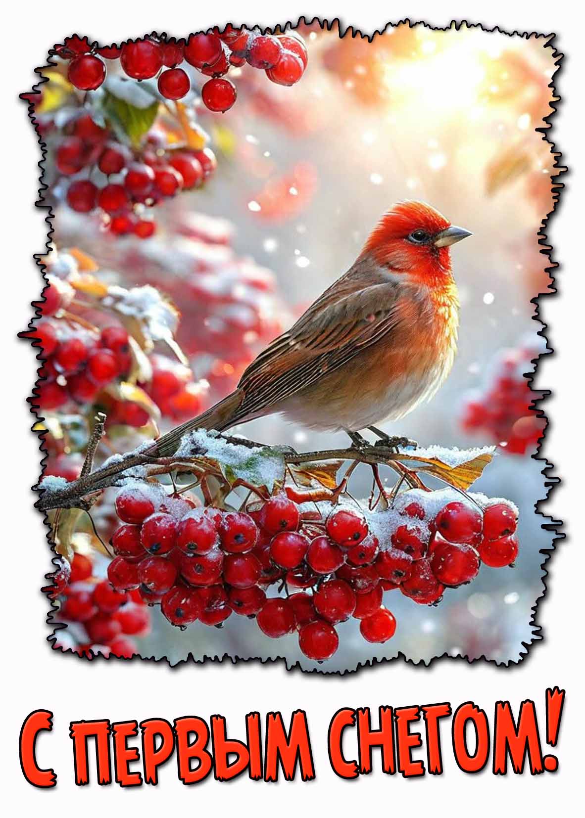 Солнечная открытка с первым снегом