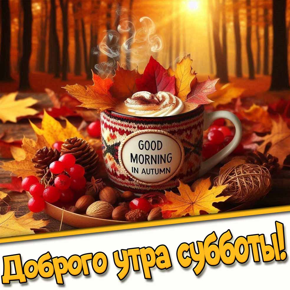 Доброго утра субботы! - осенняя открытка с кофе