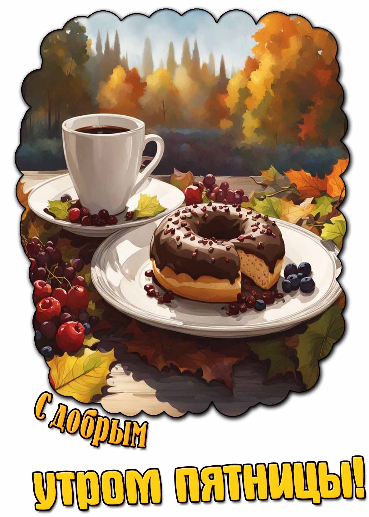 С добрым утром пятницы! - осенняя открытка с кофе