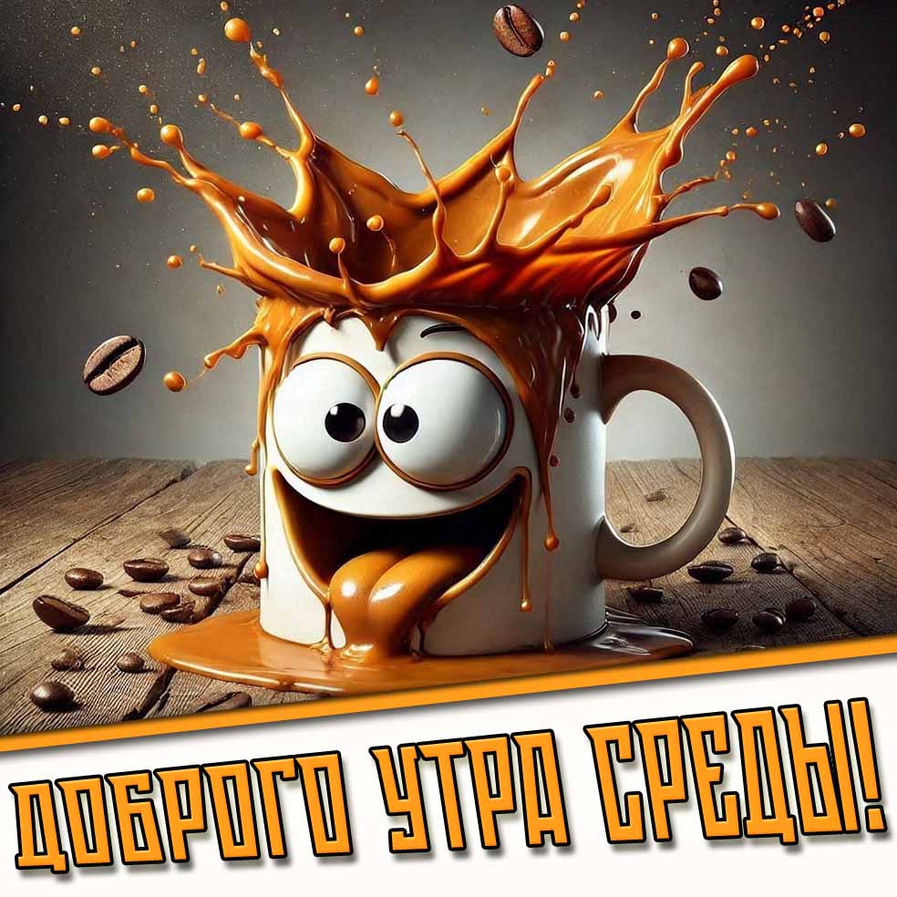 Доброго утра среды! - прикольная открытка с кофе