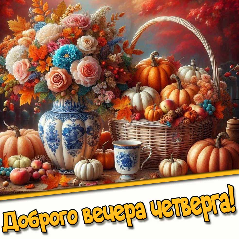 Доброго вечера четверга! - осенняя открытка с цветами