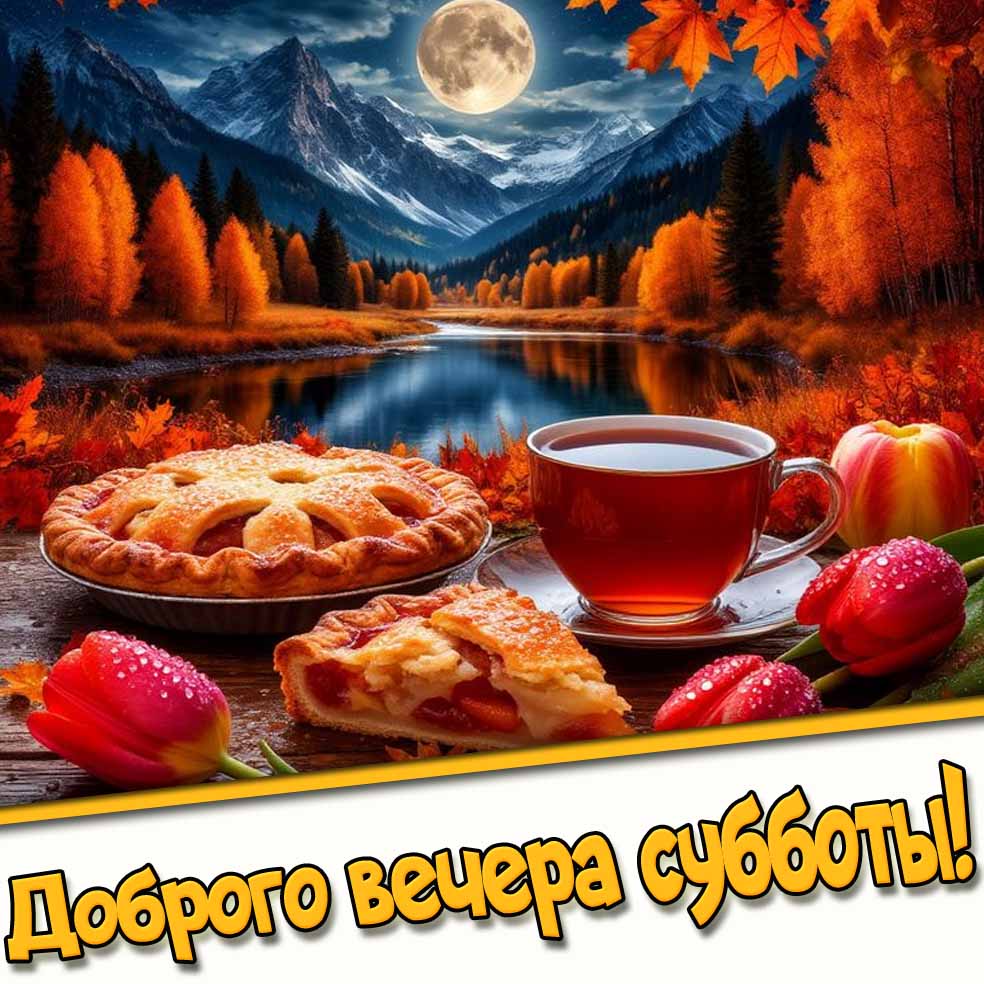 Доброго вечера субботы! - осенняя открытка с чаем