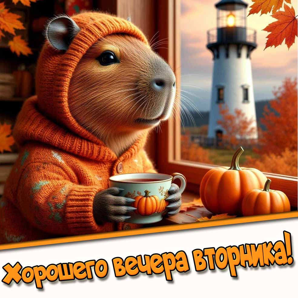 Хорошего вечера вторника! - прикольная осенняя открытка с капибарой