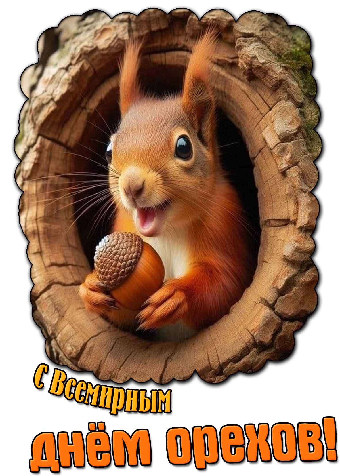 Красивая картинка с белкой в дупле и надписью : С Всемирным днём орехов!