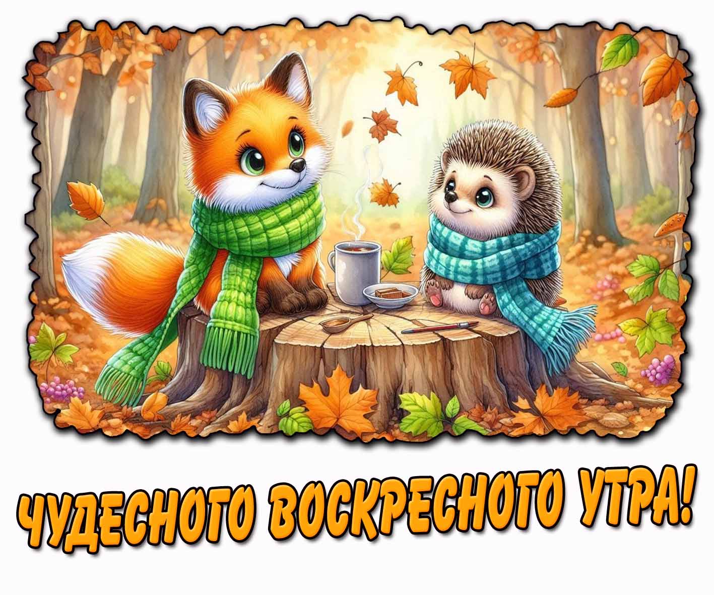 Чудесного воскресного утра! - мультяшная осенняя открытка