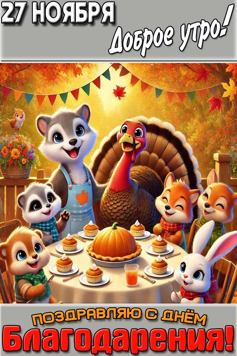 Прикольная мультяшная картинка с индейкой и её друзьями и надписью : "27 ноября доброе утро! Поздравляю с днём благодарения!". Картинка "27 ноября доброе утро! Поздравляю с днём благодарения!"